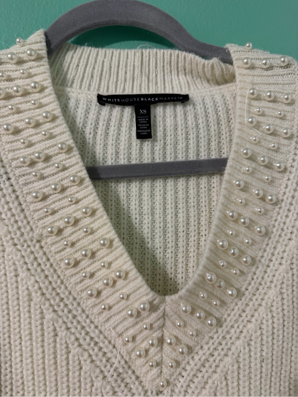 White House Black Market Cream Pearl-Embellished V-Neck Sweater